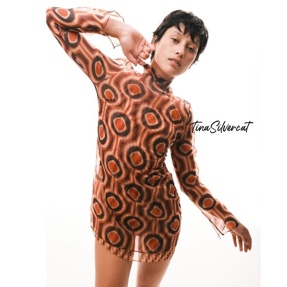 BLOGGER'S FAVE! Zara Printed Organza Mini Retro Dress Orange/Brown Sz XS NWT - Picture 9 of 17